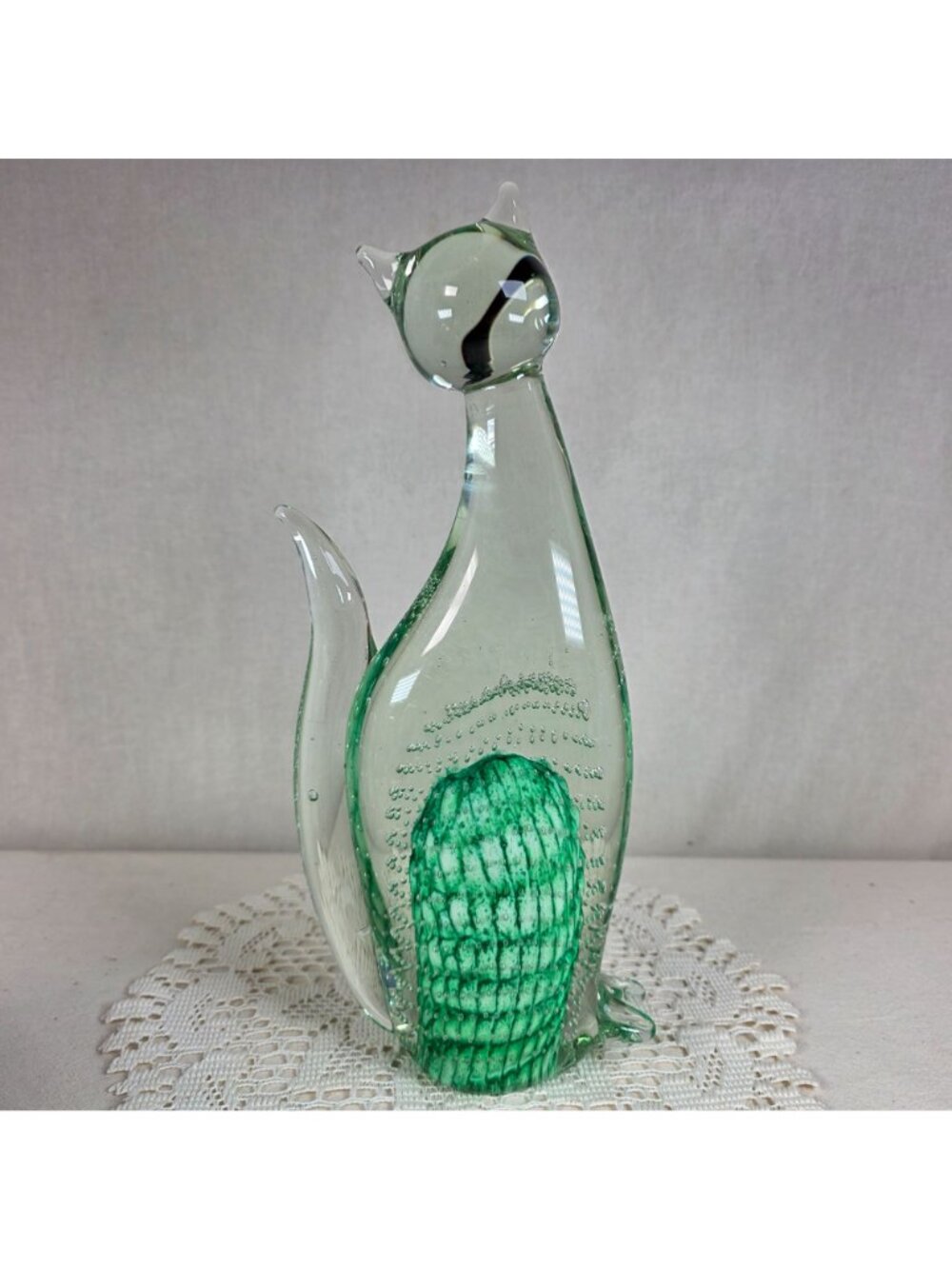 Large Vintage Art Glass Cat Sculpture Green Controlled Bubble Latticino 12" Tall - Picture 6 of 9